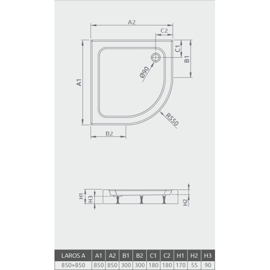 Radaway Laros A 85x85 íves akril zuhanytálca, előlappal (SLA8585-01)