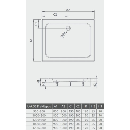 Radaway Laros D 90x80 szögletes akril zuhanytálca, előlappal (SLD8917-01)