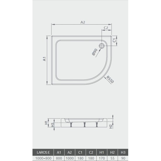 Radaway Laros E 100x80 balos íves, aszimmetrikus akril zuhanytálca (SLE81017-01L)