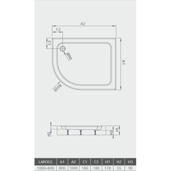 Radaway Laros E 100x80 jobbos íves, aszimmetrikus akril zuhanytálca (SLE81017-01R)
