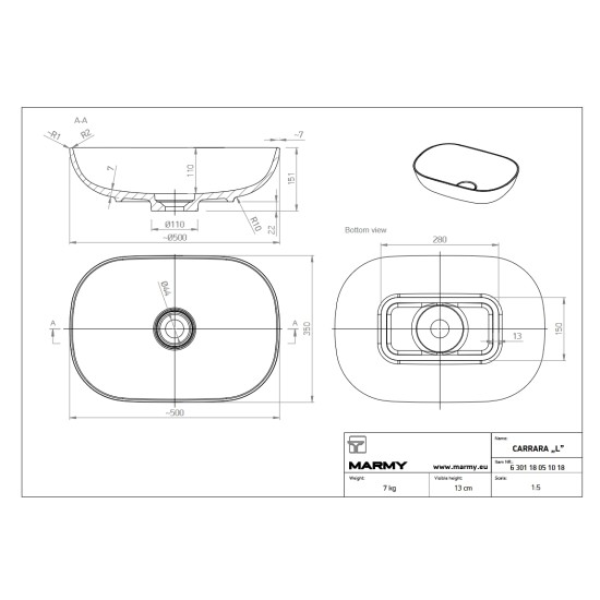 Marmy Carrara L pultra tehető mosdó (6 301 18 05 10 18)