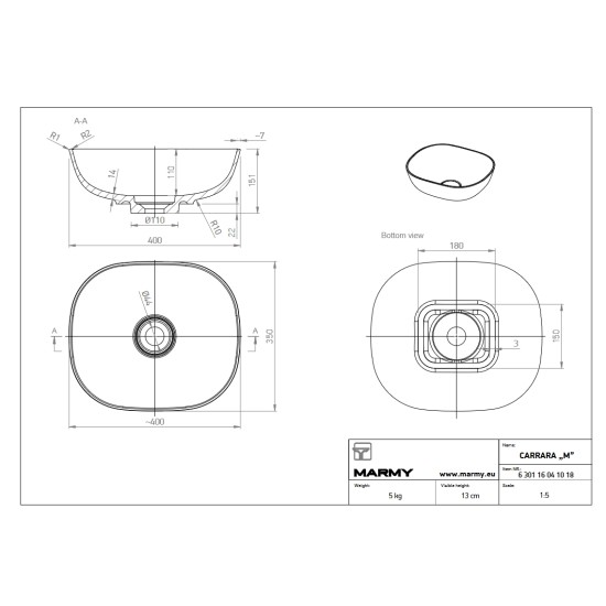 Marmy Carrara M pultra tehető mosdó (6 301 16 04 10 18)