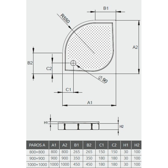 Radaway Paros A 90x90 íves öntöttmárvány zuhanytálca, előlappal (MBA9090-03-1-E)