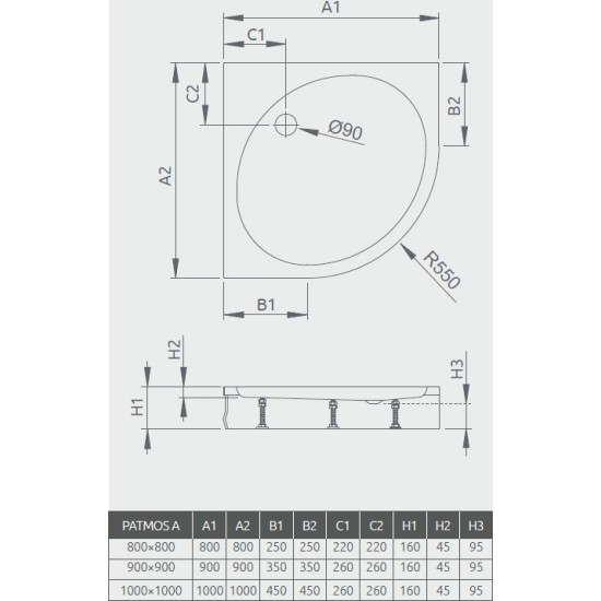Radaway Patmos A 90x90 íves akril zuhanytálca, levehető előlappal (4S99155-03)