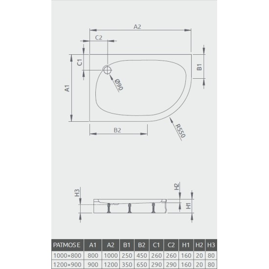 Radaway Patmos E 120x90 balos, íves akril zuhanytálca, levehető előlappal (4P91217-03L)