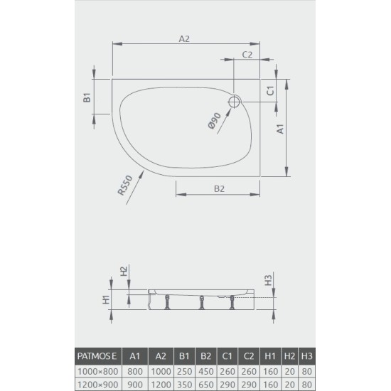 Radaway Patmos E 120x90 jobbos, íves akril zuhanytálca, levehető előlappal (4P91217-03R)