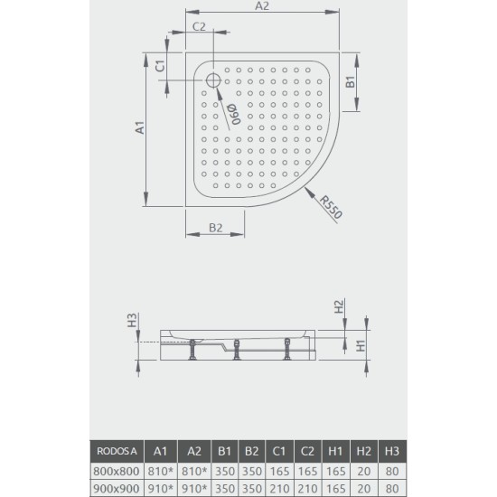 Radaway Rodos A 90x90 íves akril zuhanytálca, előlappal (4P99155-03)