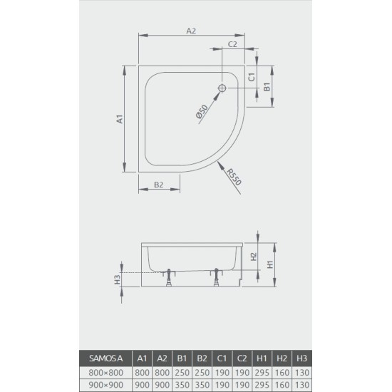 Radaway Samos A 90x90 íves akril zuhanytálca, levehető előlappal (4S99300-03)