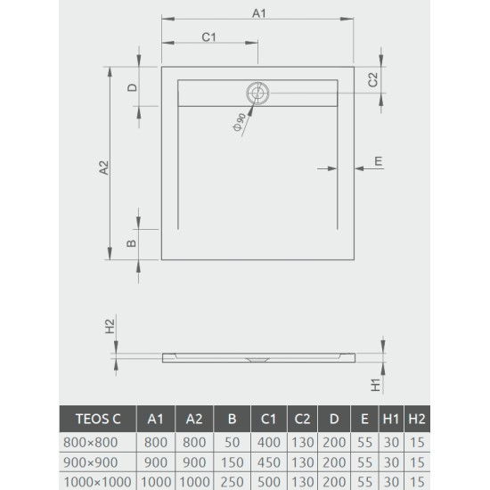 Radaway Teos C 90x90 kőhatású szögletes öntöttmárvány zuhanytálca (HTC9090-64)